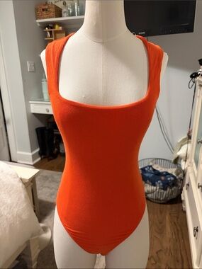 Target Orange Ribbed Square-Neck Tank Bodysuit